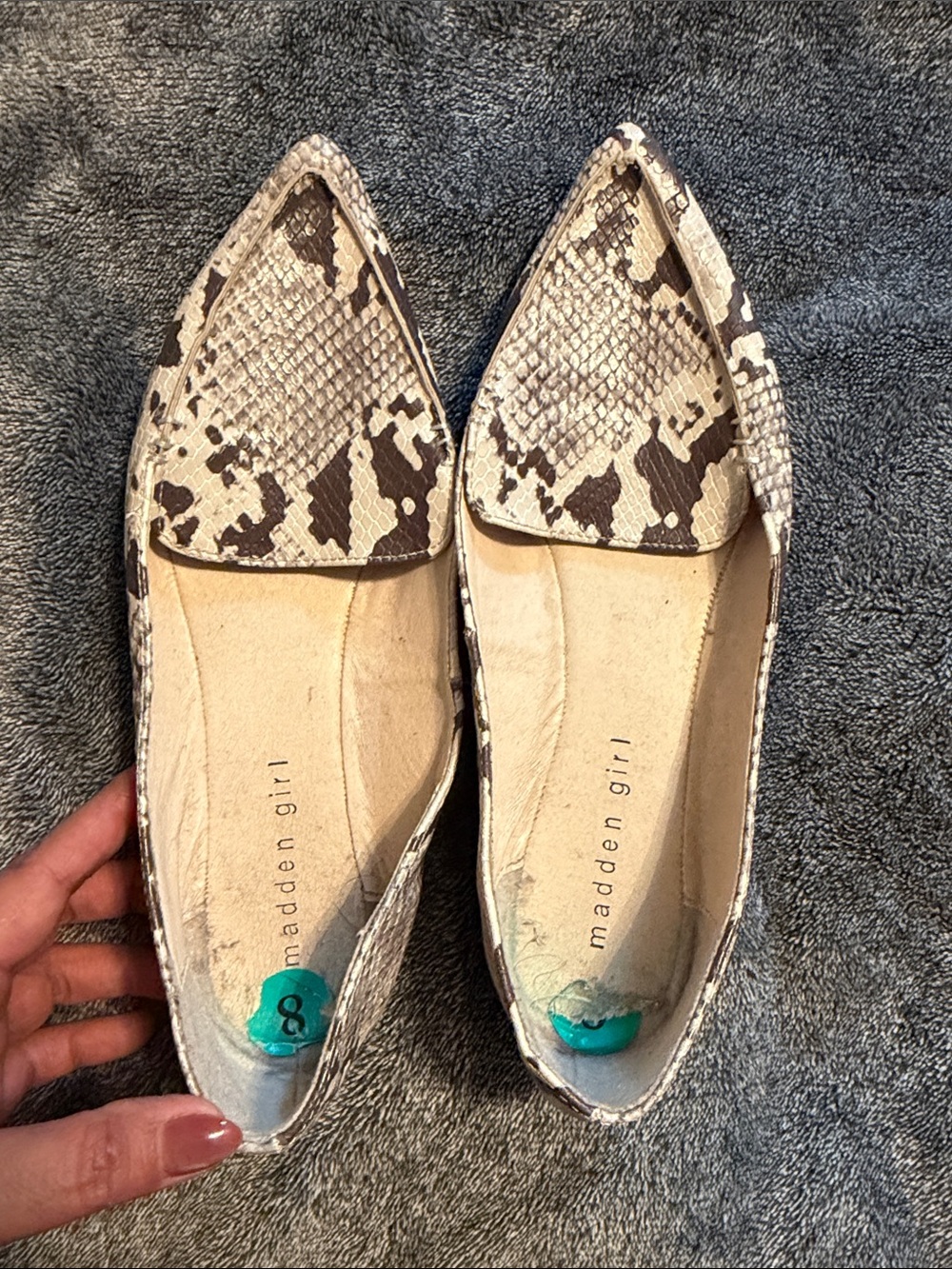 Madden Girl Snake-Print Pointed Toe Flats in White and Brown